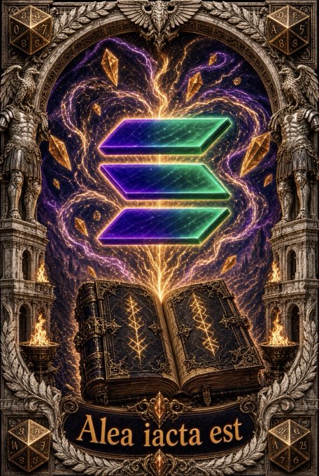 Fantasy illustration with the Solana logo prominently displayed above an open book, framed by gargoyles and angel statues, with the Latin text 'Alea iacta est' at the bottom.