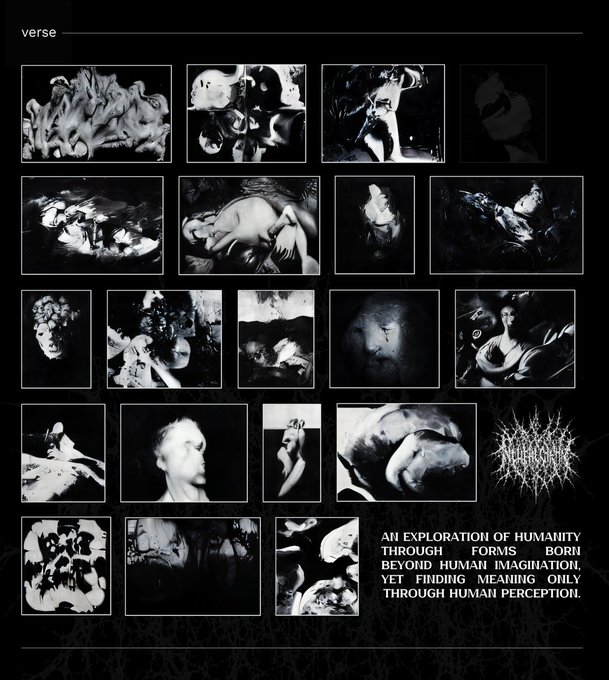 A dark, gothic-style collage titled 'verse' with black-and-white artistic imagery and text reading 'AN EXPLORATION OF HUMANITY THROUGH FORMS BORN BEYOND HUMAN IMAGINATION, YET FINDING MEANING ONLY THROUGH HUMAN PERCEPTION.'