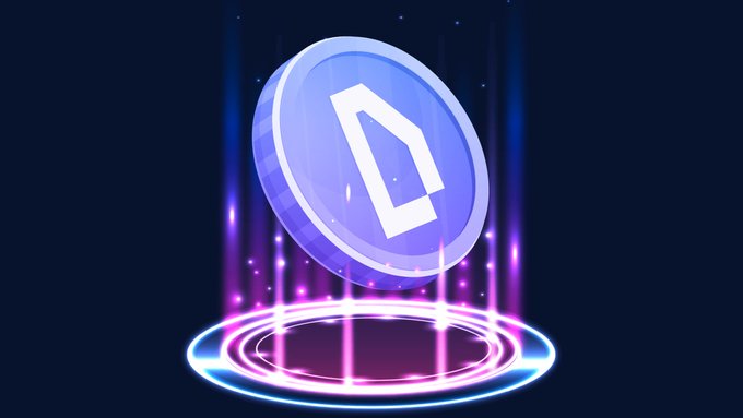 A stylized blue and purple coin featuring a "D" logo hovers above a glowing circular platform, visually representing the $WOD token highlighted in the accompanying post about its global availability across multiple cryptocurrency exchanges.