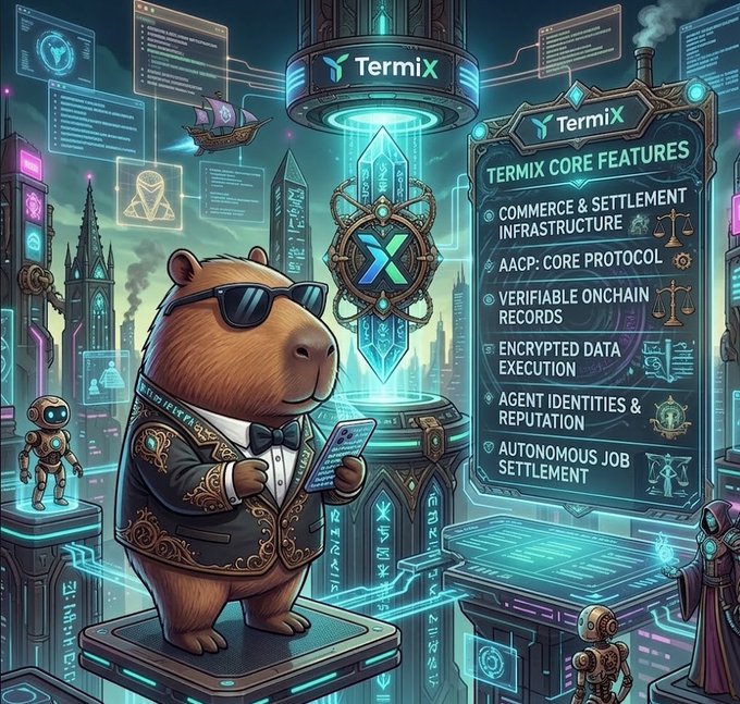 A capybara wearing sunglasses and a suit stands on a glowing pedestal in a futuristic cyberpunk cityscape, holding a tablet and gesturing toward the "TermiX" Core Features board listing Commerce & Settlement Infrastructure, AACP Core Protocol, Verifiable Onchain Records, Encrypted Data Execution, Agent Identities & Reputation, and Autonomous Job Settlement. The image illustrates the post's message by visually personifying TermiX as the trusted, sophisticated infrastructure that gives AI agents the identity, security, and transactional capabilities needed to thrive in an autonomous economy.