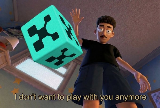 A cartoon man throws a teal cube with black geometric symbols, captioned "I don't want to play with you anymore," symbolizing crypto participants rejecting speculative blockchain platforms in favor of Commons Made.