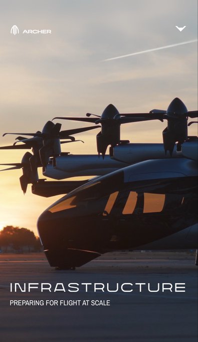 An Archer Midnight eVTOL aircraft is silhouetted against a sunset sky on a tarmac, with the image displaying the Archer Aviation logo and the text "INFRASTRUCTURE: PREPARING FOR FLIGHT AT SCALE." The image visually supports the post's emphasis on infrastructure ($ACHR) as a crucial component of Urban Air Mobility (UAM), highlighting the company's readiness to scale operations ahead of their upcoming Q2 2026 ACES call.