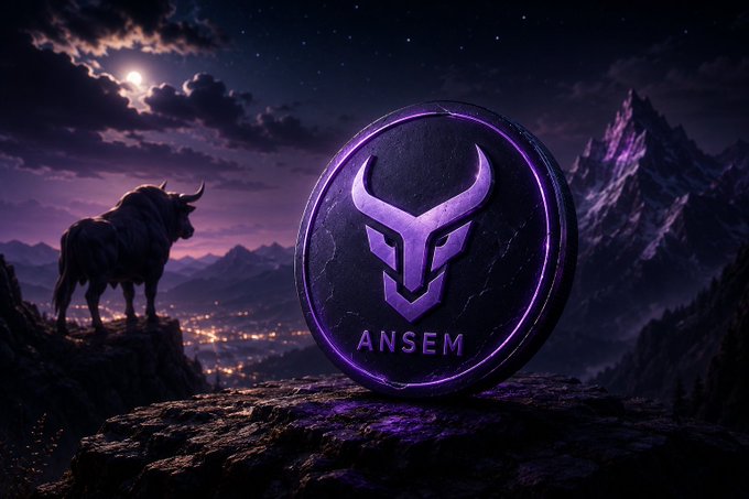 A circular emblem featuring a horned bull skull design and the text "ANSEM" glows in purple against a moody twilight landscape, with a lone highland bull silhouetted on a cliff nearby—visually echoing the post's theme of steadfast conviction and quiet endurance through the $ANSEM journey.