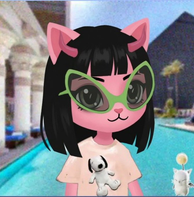 An animated cartoon avatar of a pink cat-like character with black hair, green cat-eye glasses, and a white shirt with a dog graphic, set against a poolside background.