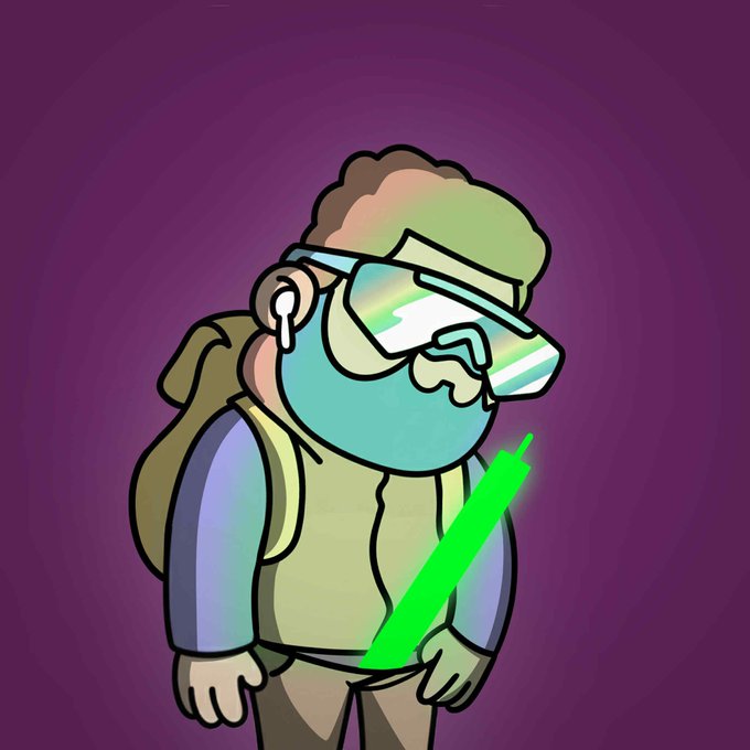 A cartoon illustration of a character wearing a VR headset and backpack, holding a glowing green lightsaber against a purple gradient background.