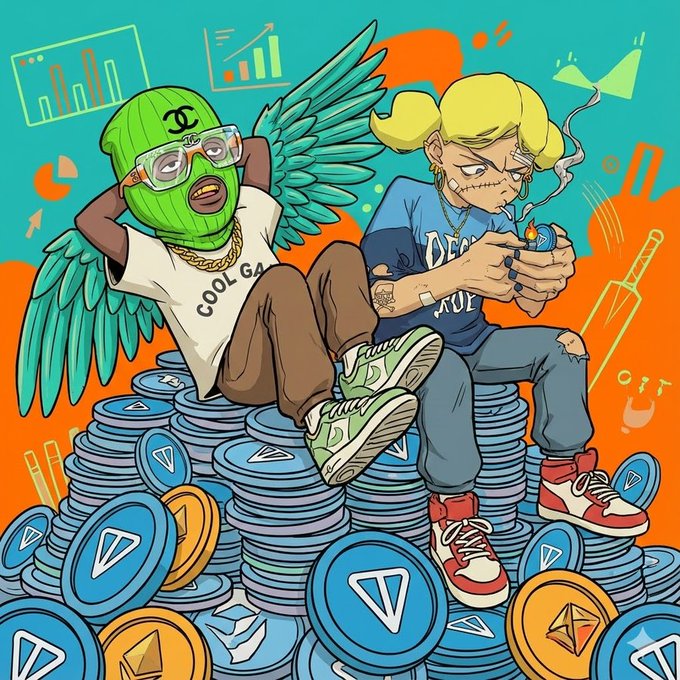 A cartoon illustration of two characters sitting on a pile of TON cryptocurrency coins, with one wearing a green balaclava and wings, and the other smoking.
