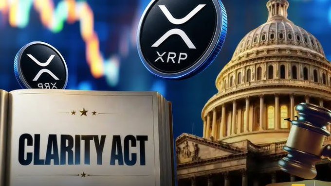 The image features XRP crypto coins alongside a book labeled "CLARITY ACT," the U.S. Capitol building, and a judge's gavel, visually symbolizing the Senate's return to debate the Clarity Act legislation, which is highlighted in the post as important for XRP holders with three weeks before August recess.