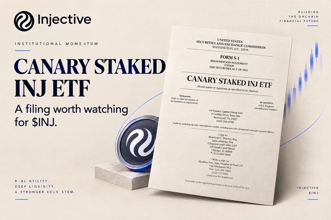 Injective promotional graphic titled 'Canary Staked INJ ETF: A filing worth watching for $INJ,' showing an S-1 registration statement document for the Canary Staked INJ ETF submitted to the United States Securities and Exchange Commission.