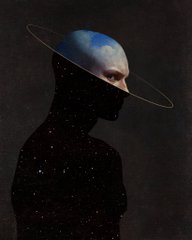 A dark, surreal figure with a glowing Earth-like head or helmet wears a ringed planet shape around its upper body against a starry black background.