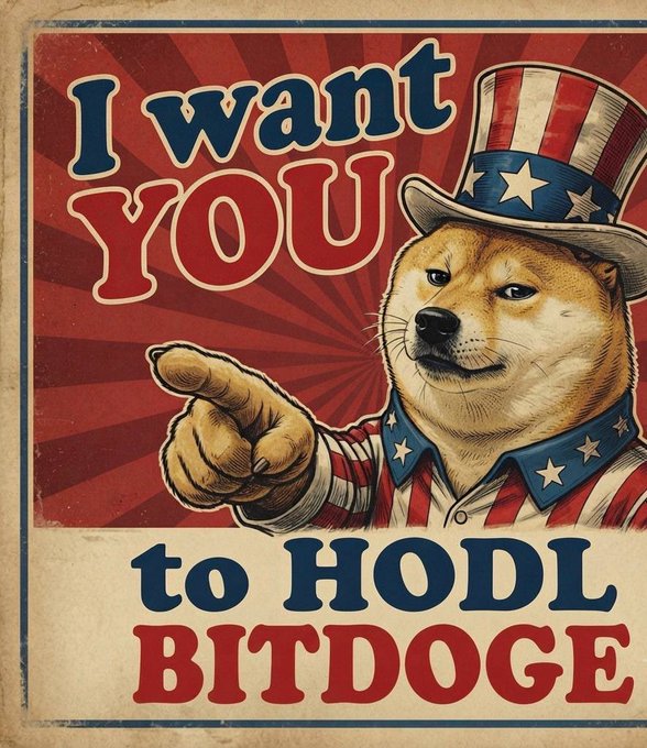 A vintage-style poster features a Shiba Inu dog wearing an Uncle Sam top hat and pointing, with text reading 'I WANT YOU to HODL BITDOGE'.