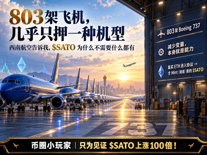 A promotional graphic displays a fleet of airplanes lined up on a runway at sunset, featuring Chinese text including '803架飞机', '西南航空', and '$SATO', promoting an aviation-themed cryptocurrency.