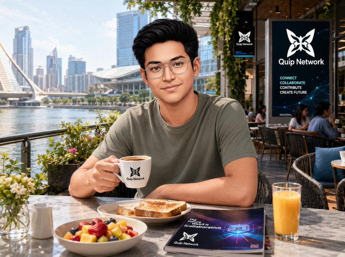 A young man with glasses sits at an outdoor cafe table holding a "Quip Network" mug, with breakfast, juice, and a laptop, while a "Quip Network" banner displaying "CONNECT COLLABORATE CONTRIBUTE CREATE FUTURE" stands behind him.
