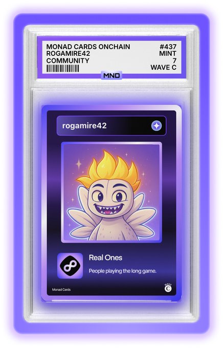 A purple-bordered 'Monad Cards Onchain' trading card (#437) labeled 'ROGAMIRE42 COMMUNITY' featuring a cartoon fairy-like character with yellow hair and wings, titled 'Real Ones' with the tagline 'People playing the long game.'