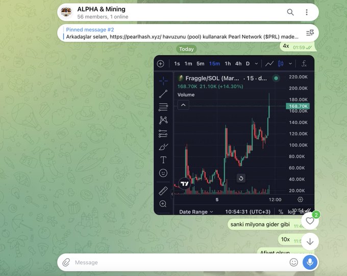 A Telegram chat screenshot from the "ALPHA & Mining" group shows a TradingView chart of Fraggle/SOL with a price of 168.70K and a +14.30% gain, alongside messages including a pinned referral link and reactions to the post celebrating a 10x gain, matching the caption's claim of sharing Fraggle at 24K and reaching a major profit milestone.