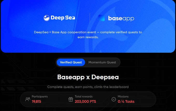 A promotional screen for a 'DeepSea x Base App' cooperation event showing 19,815 participants, 203,000 PTS rewards, and 0/4 tasks completed.
