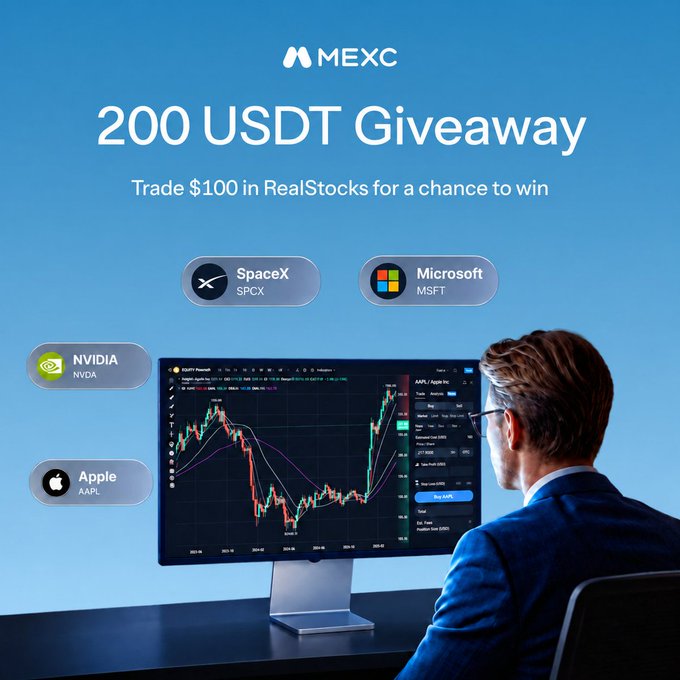 A MEXC promotional graphic advertises a "200 USDT Giveaway" for trading $100 in RealStocks, featuring badges for SpaceX (SPCX), Microsoft (MSFT), NVIDIA (NVDA), and Apple (AAPL) alongside an image of a man analyzing an Apple stock chart on his monitor.
