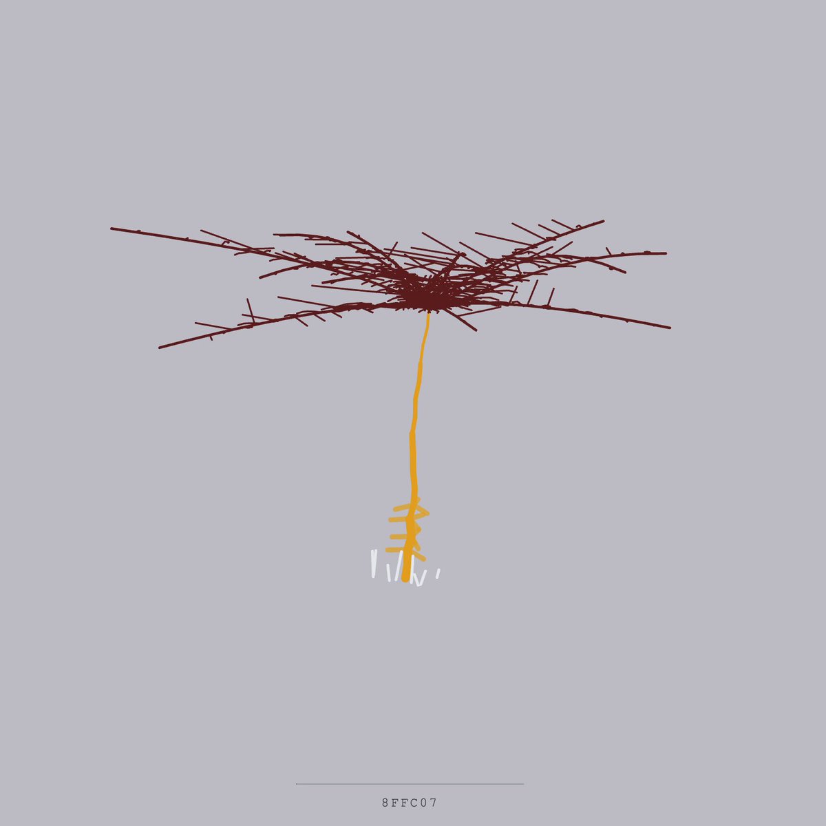 The image features a cartoon drawing of an orange flower, which appears to be made out of straws or branches. The flower has a yellow stem that connects to a small yellow light bulb at its center. The background color of the image is gray, providing a neutral backdrop for the vibrant colors and intricate details of the flower design. The post includes text that reads "proofofpalm #proofofpalm2026 @objktcom @fx_hash_ three.js with seed and lifespan". This suggests that the image may be related to a discussion or presentation about the flower drawing, possibly as part of a social media post or an educational piece on art and design.