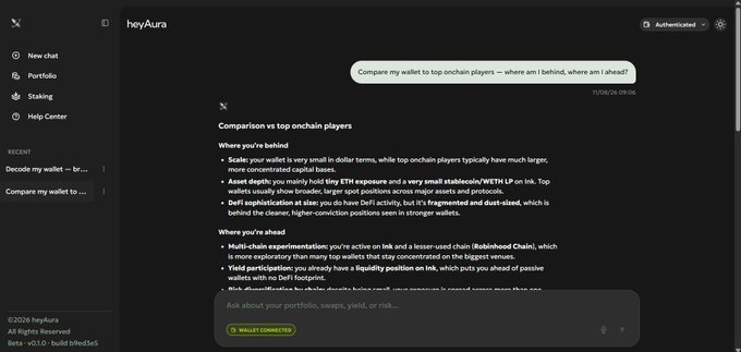 The image shows the heyAura AI platform with a chat interface where a user asked "Compare my wallet to top onchain players — where am I behind, where am I ahead?" and the AI agent provided a detailed analysis covering wallet scale, ETH exposure stability, DeFi sophistication, multi-chain experimentation (mentioning Robinhood Chain), yield participation, and DeFi footprint—demonstrating exactly the web3 wallet comparison capability described in the post.
