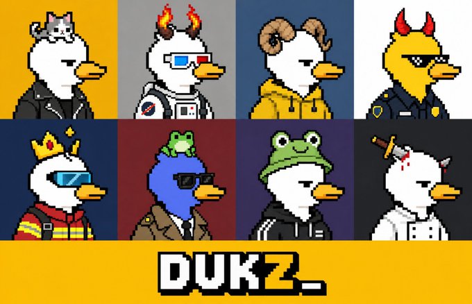 A grid of eight cartoon duck NFT avatars with different accessories and outfits above the 'DUKZ' logo on a yellow banner.