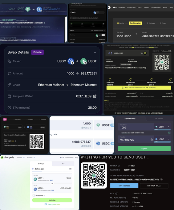 In this image, there are multiple views of a webpage displaying various elements related to cryptocurrency transactions and exchanges. The main focus appears to be on the "tried all" table from the "AnySwap" exchange, which seems to contain information about different types of swaps including USDC and Ethum. Other tables show details about sending and receiving values in Ether, other ethernet-based exchanges, and various cryptocurrency projects. Overall, the image is a collection of data points showcasing different aspects of digital currency activities on the internet.