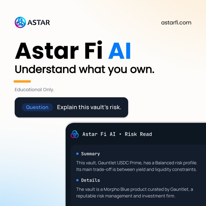 An advertisement for 'Astar Fi AI' at astarfi.com, described as 'Understand what you own' with an example showing a risk read summary for the Gauntlet USDC Prime vault.