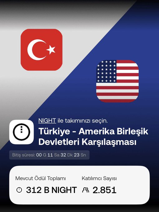 The image promotes a Turkey vs. United States match prediction event on OKX TR cryptocurrency exchange, featuring Turkish and American flag icons with a prize pool of "312 B NIGHT" and 2,851 participants, with 00 days, 11 hours, 32 minutes remaining until the match—aligning with the post's announcement about a national team match tonight and the "ATAN ALIR" giveaway event requiring users to log in and submit their predictions.