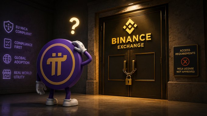 The image depicts a purple Pi coin character with a question mark above its head, standing before a locked and chained door labeled "BINANCE EXCHANGE," while nearby signs reference "EU MICA COMPLIANT," "COMPLIANCE FIRST," "GLOBAL ADOPTION," "REAL WORLD UTILITY," and "MICA LICENSE NOT APPROVED."

The image visually reinforces the post's point about MiCA regulatory disparity: Pi Network is positioned as compliant (the purple coin character approaching a locked Binance), while Binance is depicted as shut out due to lacking MiCA approval.