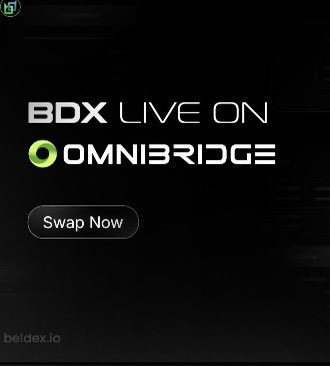 A promotional graphic with black background displays text reading 'BDX LIVE ON OMNIBRIDGE' with a green logo, a 'Swap Now' button, and 'beldex.io' in the corner.