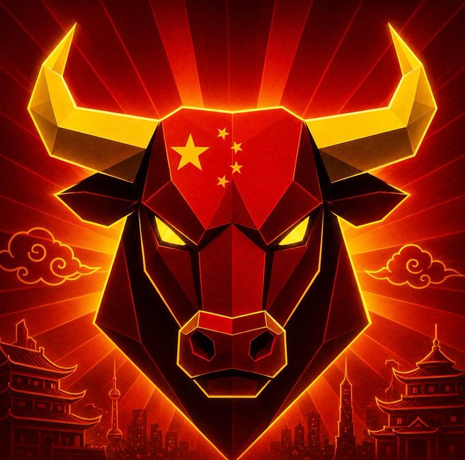 A stylized geometric bull's head featuring the Chinese flag's stars on its forehead, set against a red background with a Chinese city skyline silhouette.