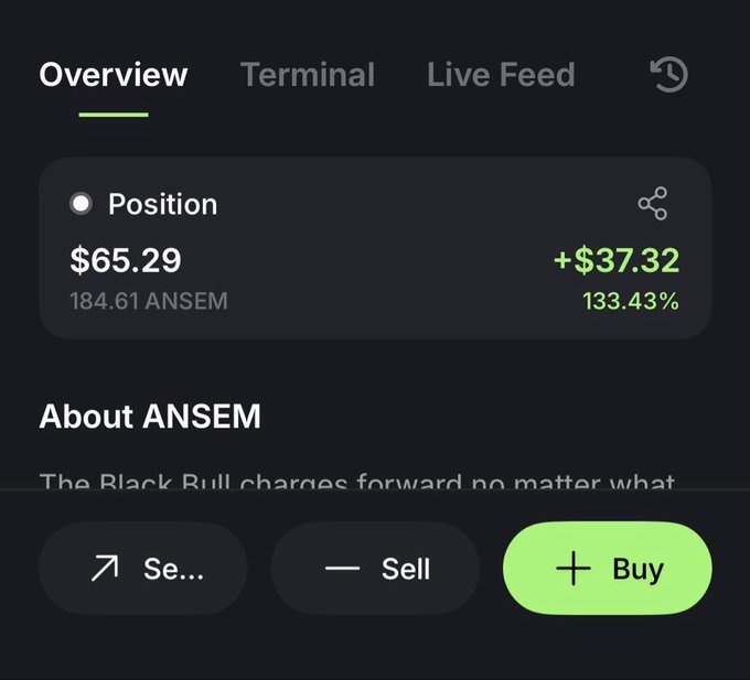 The image shows a Robinhood-style portfolio overview displaying a position in $ANSEM (184.61 tokens) valued at $65.29 with a gain of +$37.32 (133.43%), along with Sell and Buy action buttons. The screenshot visually confirms the post's boast about holding 184.61 $ANSEM tokens, showcasing the substantial 133% profit on the meme coin position.