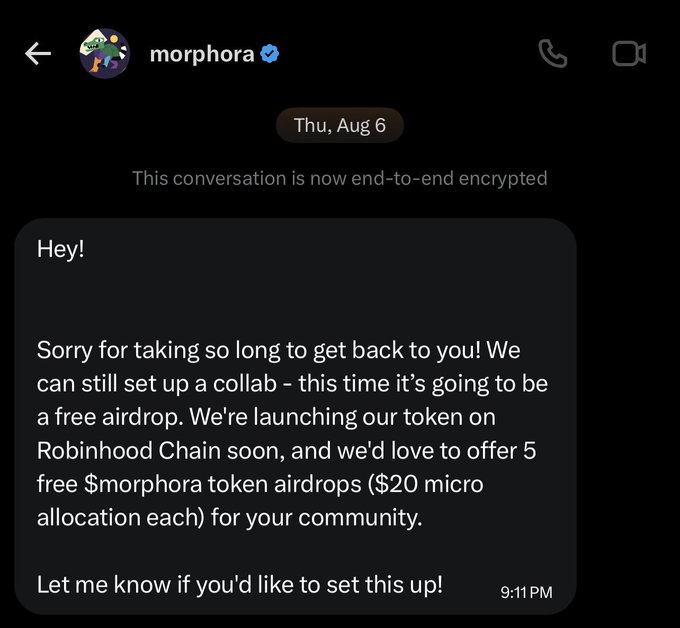 A Telegram chat screenshot from user 'morphora' offering a free airdrop of $morphora tokens on Robinhood Chain, mentioning 5 free token airdrops worth $20 micro allocation each.