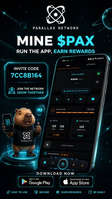 A promotional advertisement for 'Parallax Network' displays 'MINE $PAX RUN THE APP, EARN REWARDS' with invite code '7CC8B164', featuring a cartoon beaver mascot and app screenshots.