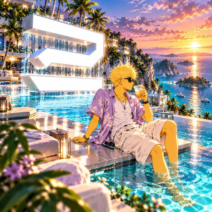 An anime-style illustration of a blonde man in sunglasses and a purple Hawaiian shirt sitting by an infinity pool overlooking the ocean at sunset.