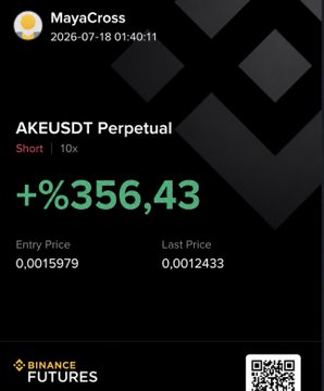 Another Binance Futures screenshot by MayaCross showing a Short position on AKEUSDT Perpetual with an increased profit of +%356.43 at 10x leverage.