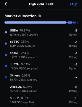 A screenshot of Coinbase's "High Yield USDC" vault details shows market allocation dominated by USDe (90.29%, 157.18M USDC supplied) with an A rating, alongside smaller allocations to cbBTC (7.52%, A rating), cbXRP (2.14%, A rating), cbETH (0.03%, A rating), and other assets like JitoSOL (0.02%, B rating) and sUSDe (0.01%, B rating), illustrating the transparency of the vault's composition referenced in the post.