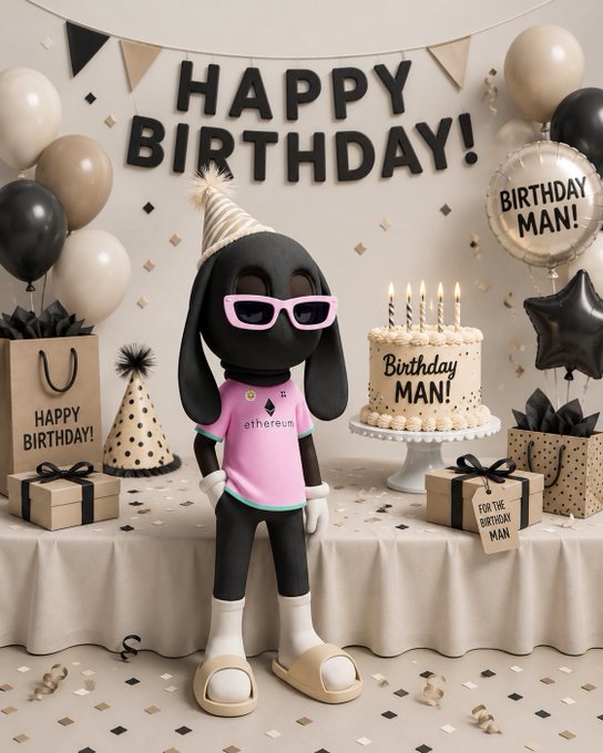 A 3D-rendered cartoon character wearing an "ethereum" shirt, party hat, and sunglasses, standing at a birthday celebration with a "HAPPY BIRTHDAY!" banner and a cake that says "Birthday MAN!".