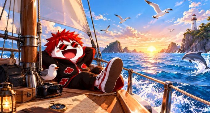 An anime-style illustration of a red-haired character wearing sunglasses and an Akatsuki cloak, relaxing on a ship's deck with seagulls, a dolphin, and a lighthouse in the sunset background.