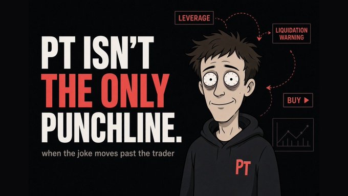 A cartoon-style graphic features a character in a 'PT' hoodie alongside the text 'PT ISN'T THE ONLY PUNCHLINE. when the joke moves past the trader,' with annotations pointing to LEVERAGE, LIQUIDATION WARNING, and BUY sections.