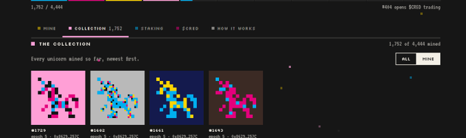 A dark-themed NFT collection page showing 'THE COLLECTION' with text 'Every unicorn mined is on top, newest first,' displaying four pixel-art unicorn designs numbered #1269, #1682, #1466, and #1652.