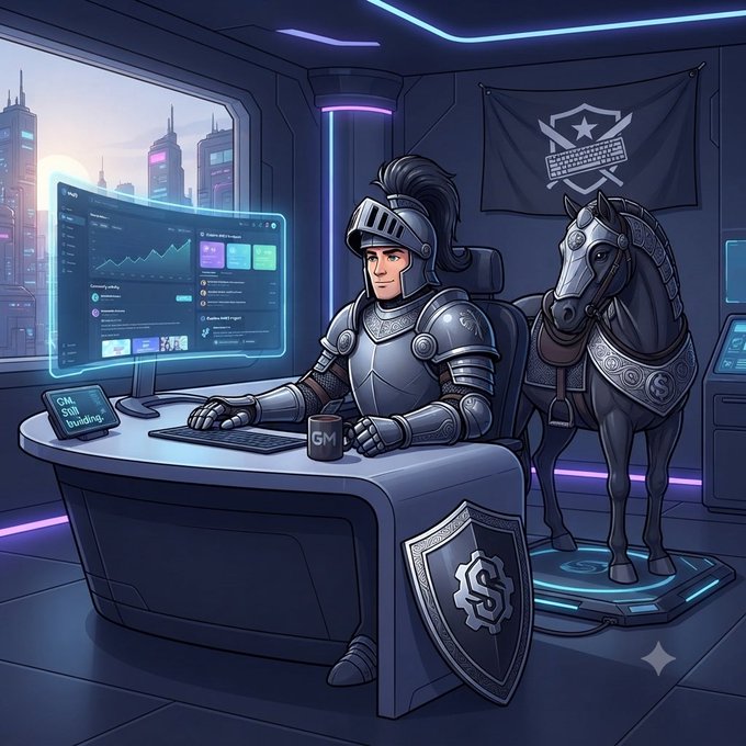 A digital illustration depicts a knight in armor working at a futuristic desk with a holographic dashboard display, accompanied by an armored horse in a neon-lit cyber setting.
