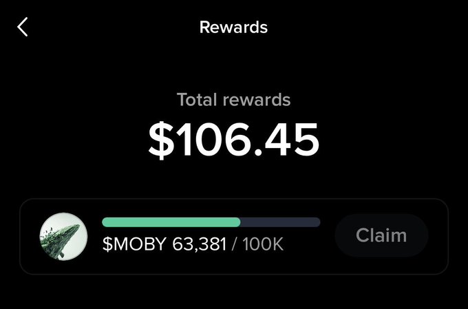 A rewards screen showing total rewards of $106.45, with a progress bar indicating $MOBY 63,381 / 100K and a Claim button.