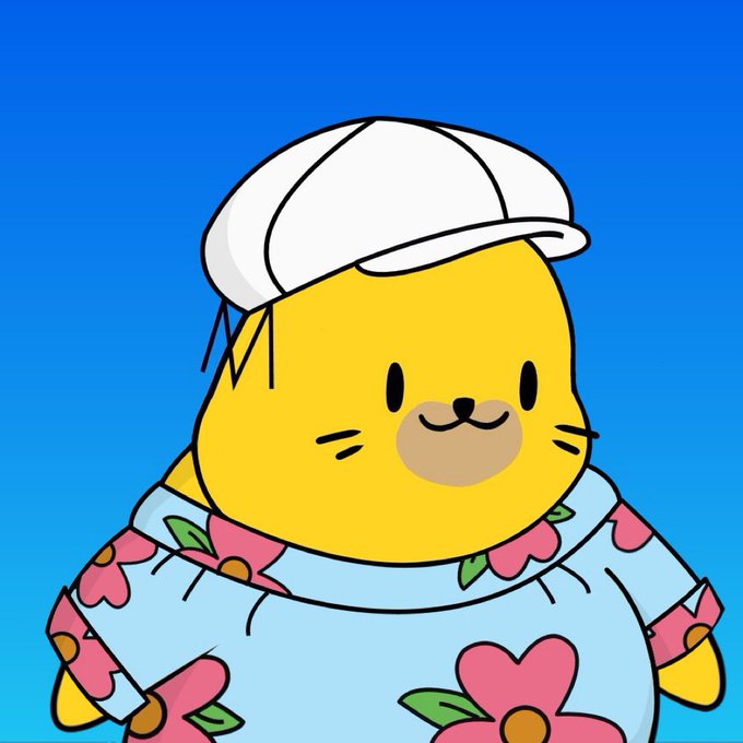 A cartoon illustration of a yellow cat-like character wearing a white cap and a light blue floral sweater against a blue background.
