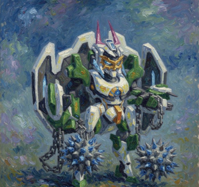 A Van Gogh-style painting of a white, green, and orange mecha robot holding spiked maces.