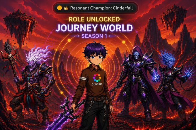 An anime-style fantasy image with text "Resonant Champion: Cinderfall", "ROLE UNLOCKED", and "JOURNEY WORLD SEASON 1", featuring a central character surrounded by various dark fantasy figures in a fiery landscape.