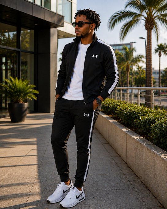 A stylish photo of a man wearing sunglasses, a black Under Armour track jacket and pants with white stripes, and white Nike sneakers, standing outdoors near palm trees.