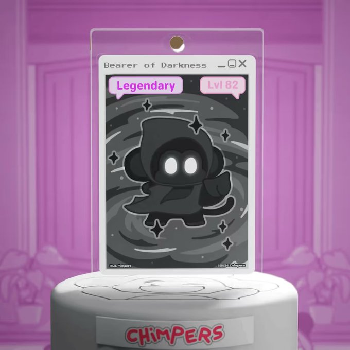 A "Bearer of Darkness" Legendary Level 82 NFT card from the Chimpers collection is displayed on a pedestal with the Chimpers logo. The card features a hooded shadowy figure with glowing white eyes set against a dark swirling background, reflecting the user's discovery of a rare legacy card in their ChimpersHQ DOJO collection.