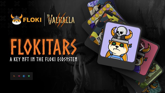 The image showcases "FLOKITARS: A KEY NFT IN THE FLOKI ECOSYSTEM" and features various cartoon dog-like NFTs, relating to Floki's PlayToEarn initiative.