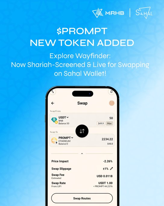 MRHB and Sahal Wallet promotional image announcing $PROMPT as a new token, now available for Shariah-screened swapping on Sahal Wallet, showing a swap interface from USDT to PROMPT at a rate of 44.2376.