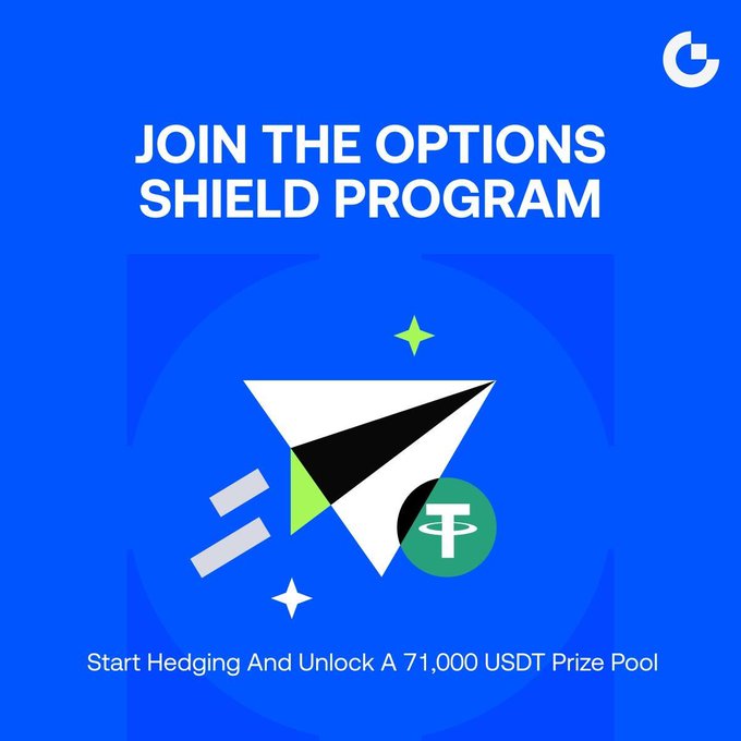 A promotional graphic on a blue background invites users to "JOIN THE OPTIONS SHIELD PROGRAM," featuring a stylized paper airplane illustration alongside USDT and crypto logos. The caption highlights a "71,000 USDT Prize Pool" and encourages starting hedging with a reward of "20 USDT" for completing 4 weekly trades, directly supporting the post's call to hedge against market volatility.