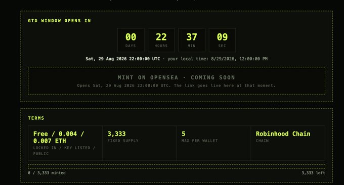 A countdown timer showing 00 days, 22 hours, 37 minutes, and 09 seconds until the GTD window opens for a mint on OpenSea, scheduled for Saturday, 29 Aug 2026 at 22:00:00 UTC. The terms section indicates a free mint with 0.004-0.007 ETH, a fixed supply of 3,333, a maximum of 5 per wallet on the Robinhood Chain, matching the post's announcement of the live timer for the City of Stonks mint.